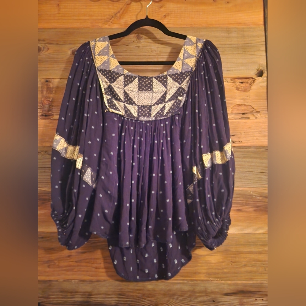 EUC S Free People Blouse Balloon Sleeves Patchwork Boho - Picture 2 of 4